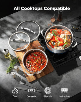 Roomena 3qt sauté pan with lid ideal for sautéing and flavor development.
