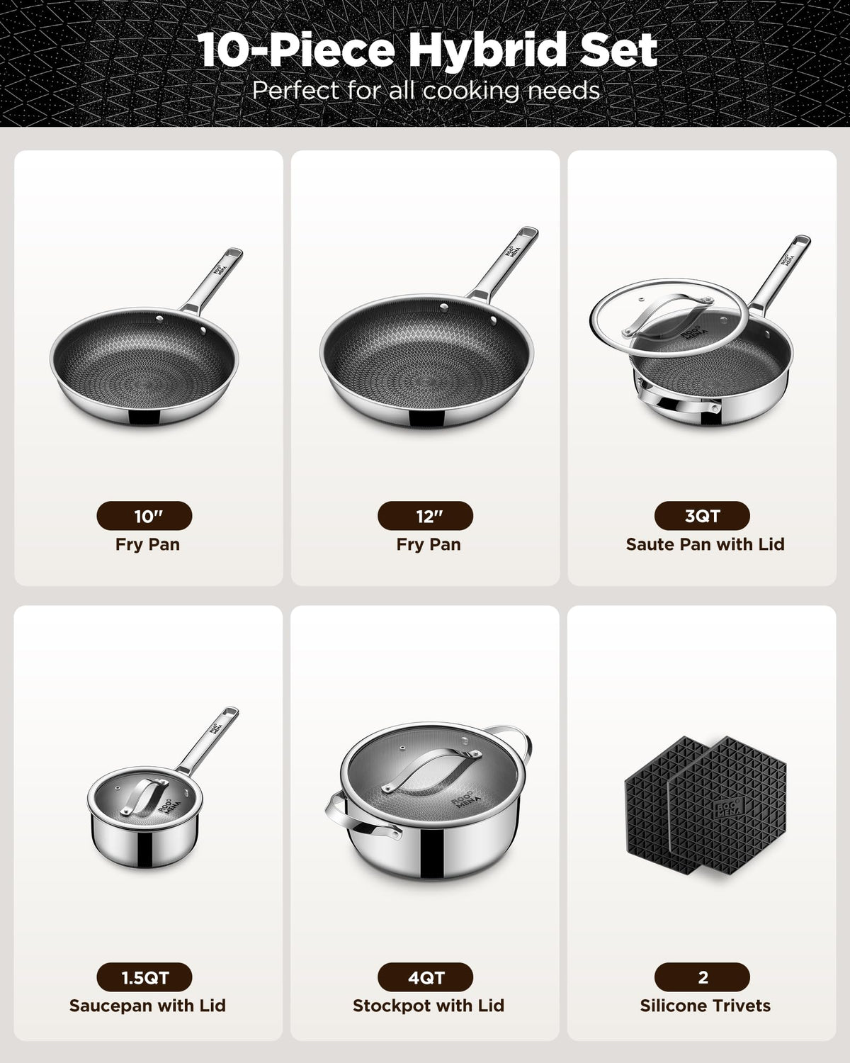 Roomena cookware inside view showing 10-piece configuration