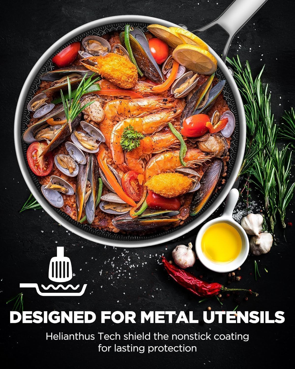 Roomena metal utensil-safe 12-inch pan designed for versatile cooking.