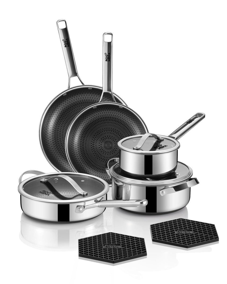 Roomena pots and pans set front view highlighting sleek stainless steel