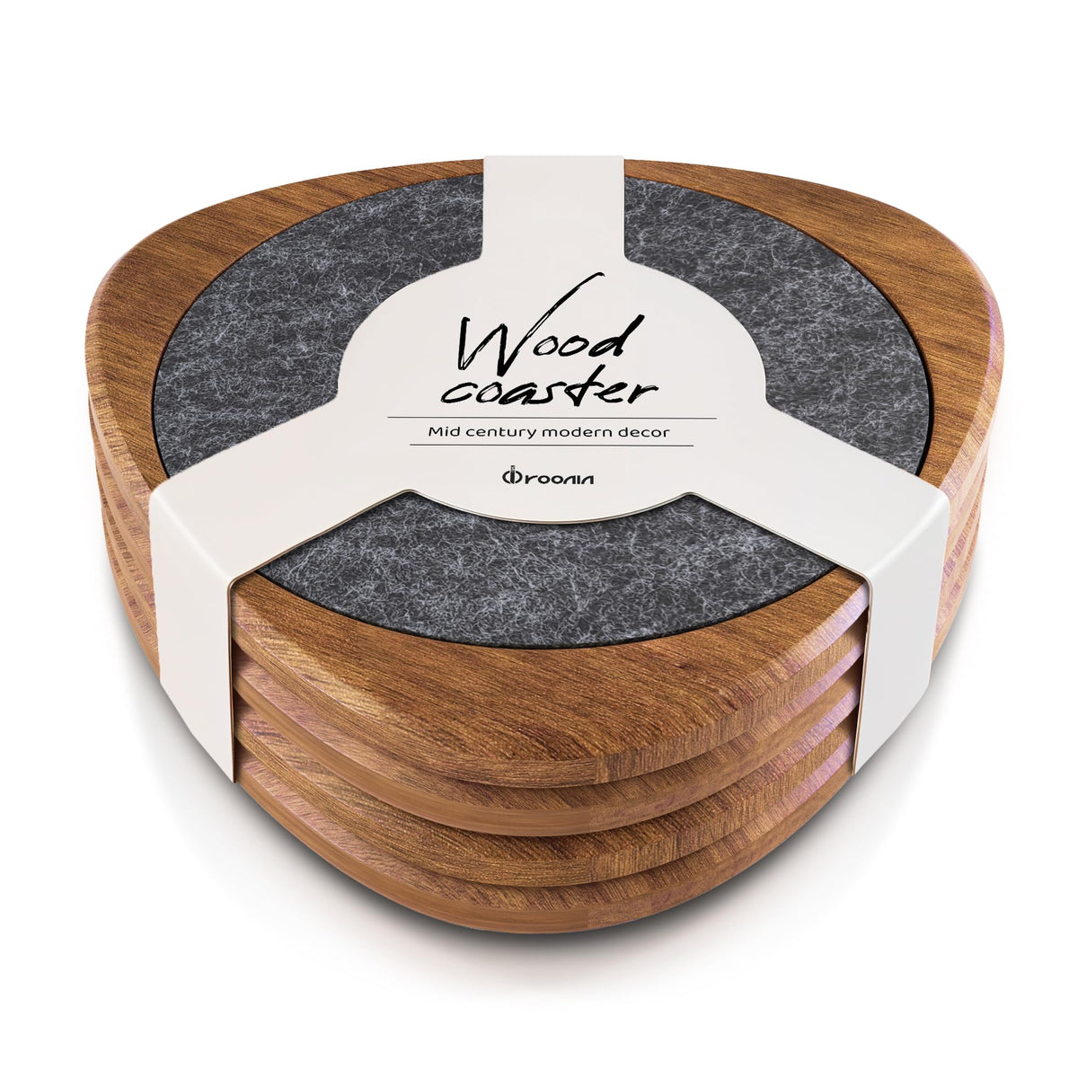 Roonin coasters in acacia wood with mid-century style for drinks.