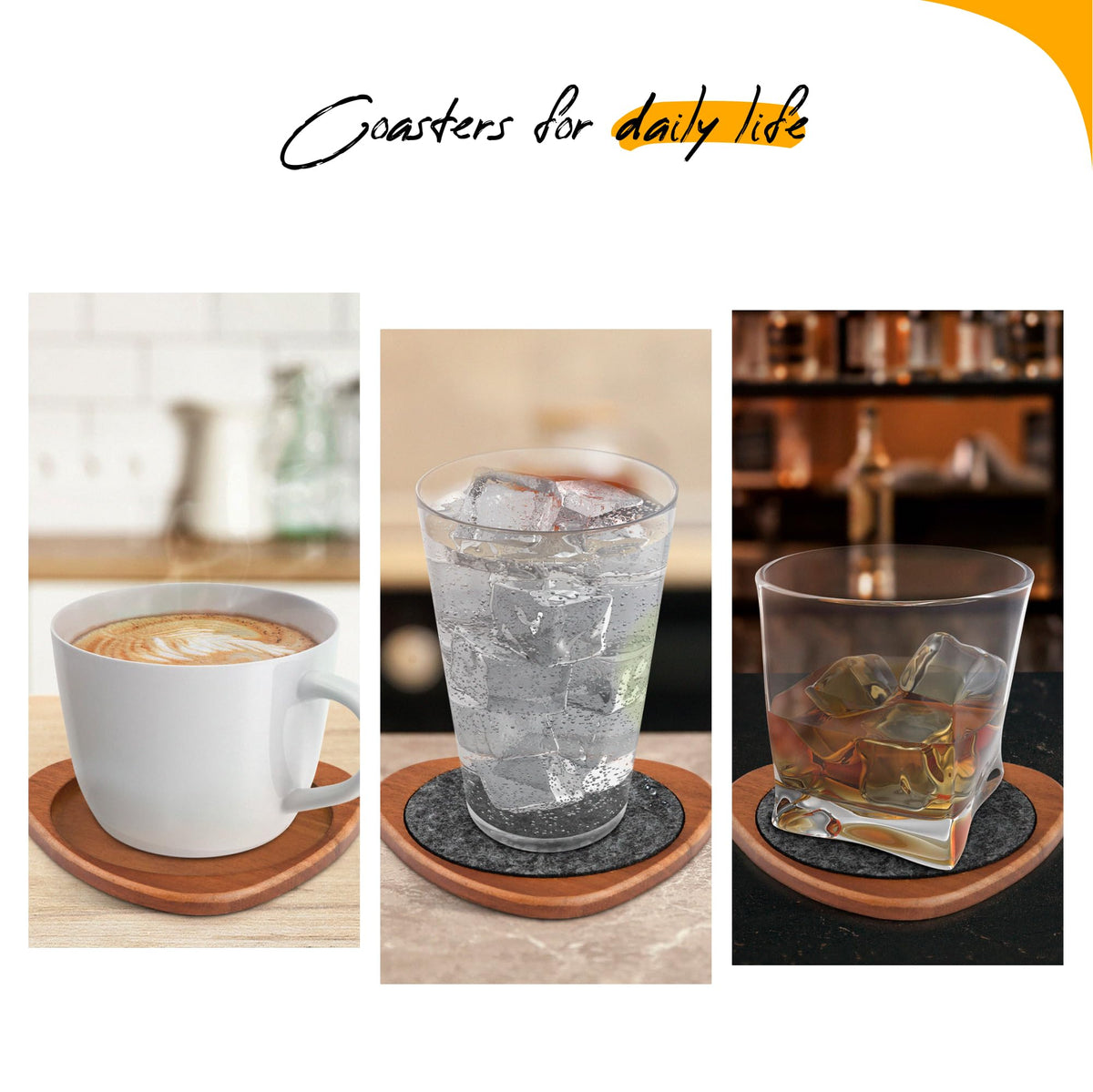 Roonin coasters as decorative table accents catching moisture.