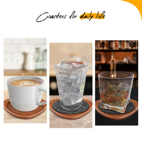 Roonin coasters as decorative table accents catching moisture.