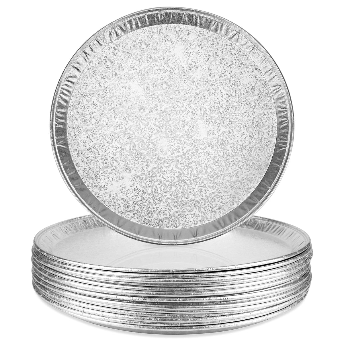 Roponan 15-pack serving platters in silver embossed foil for party presentation.