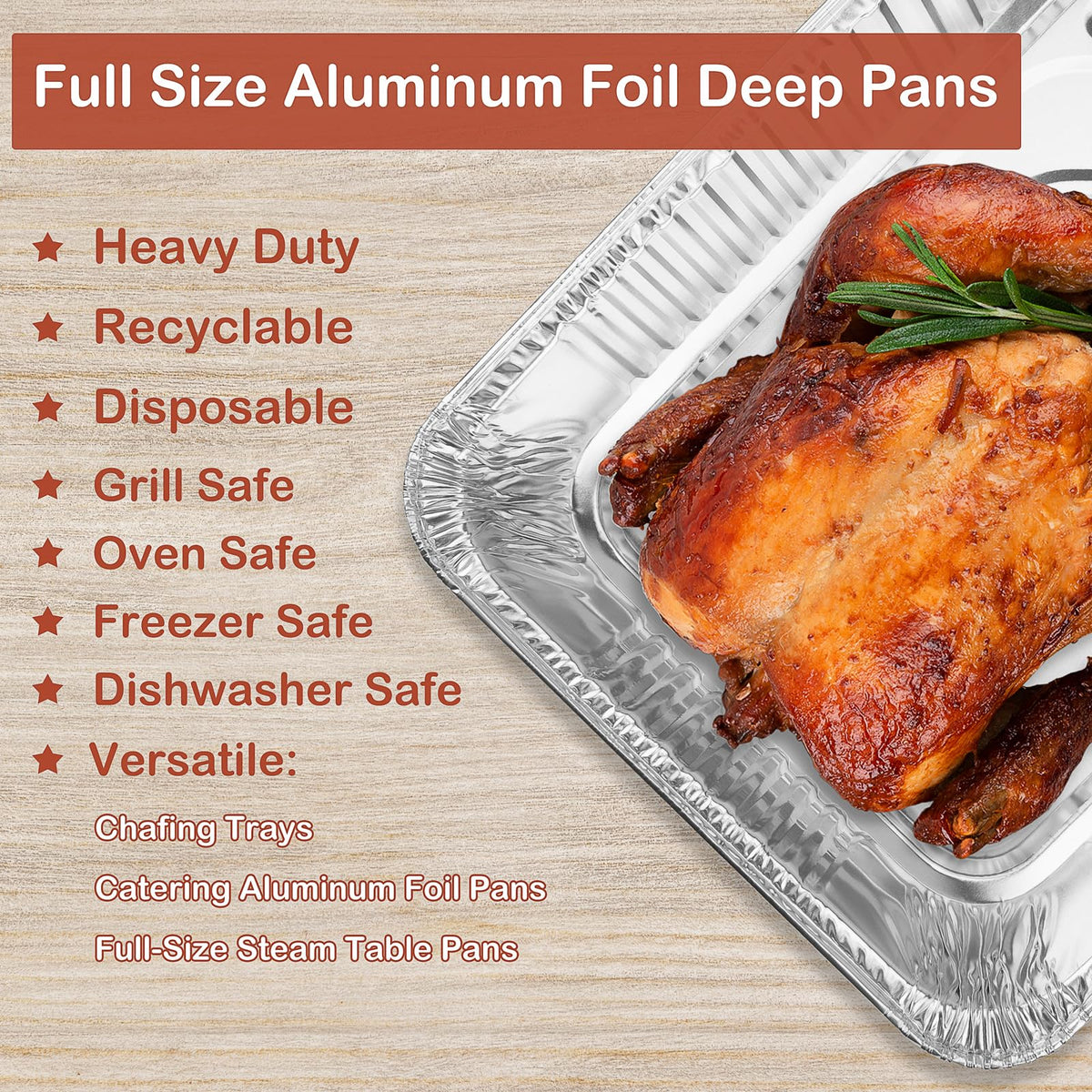 Roponan full-size foil pan showing curled rim design for easy handling.