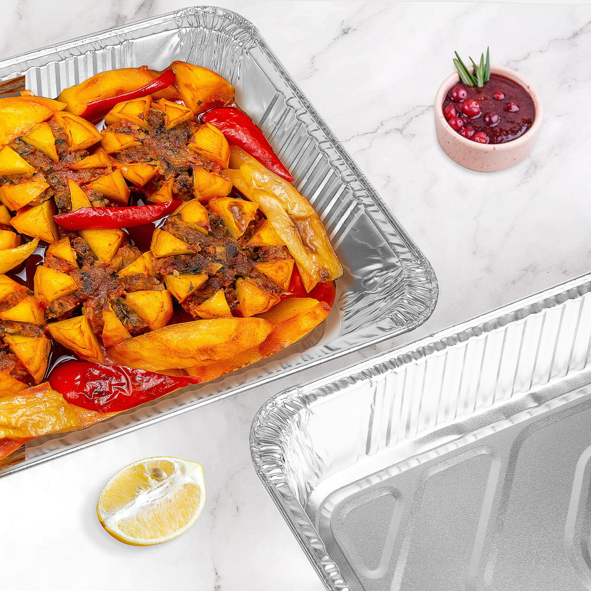 Roponan pan compatible with oven, freezer, and steam table for versatile use.