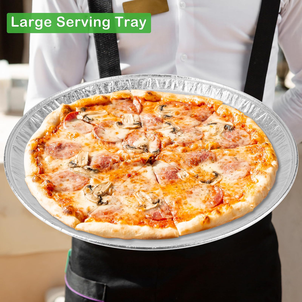 Roponan thick aluminum platter with raised edge ideal for preventing spills.