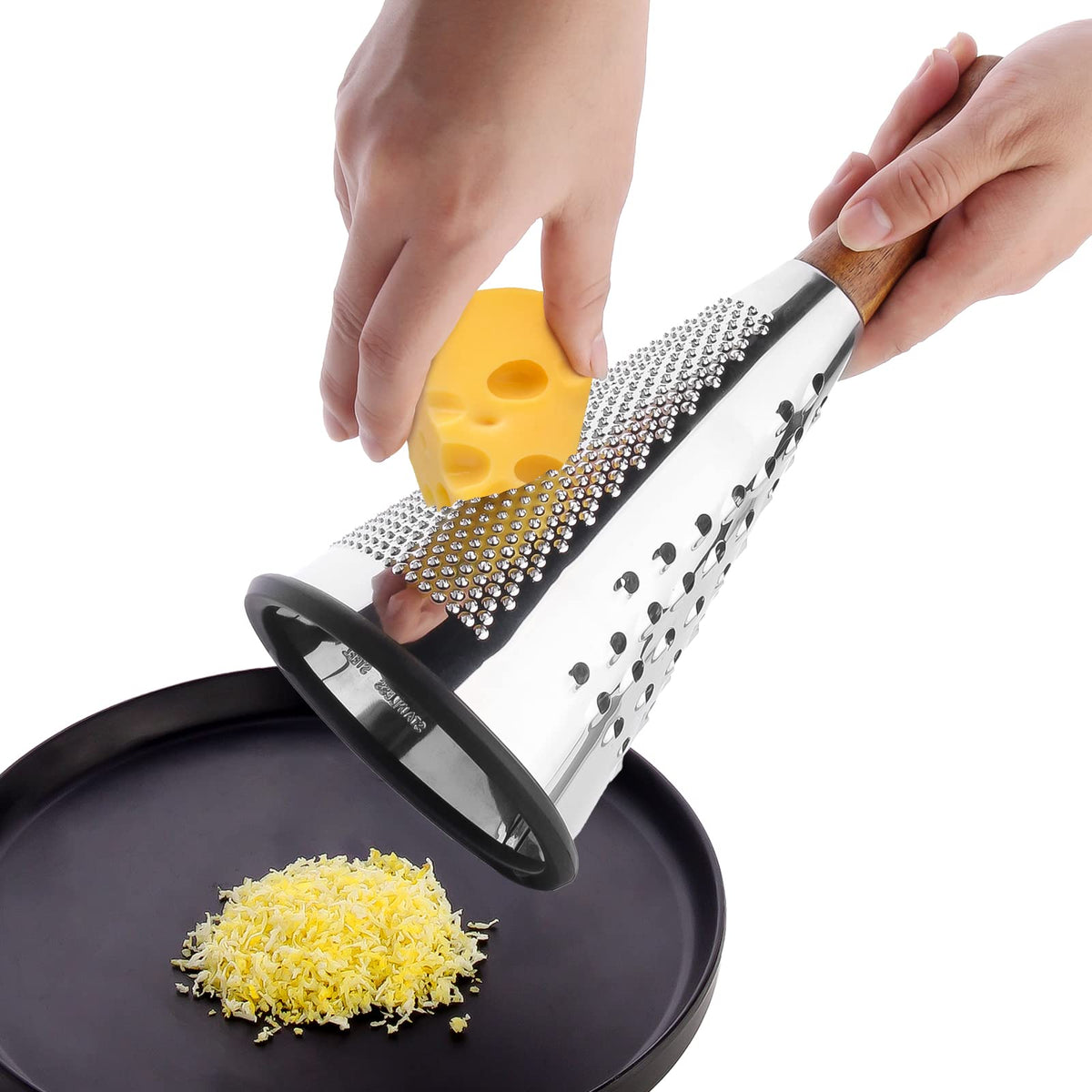 ROQILA grater shown with ergonomic wood handle for comfortable long use