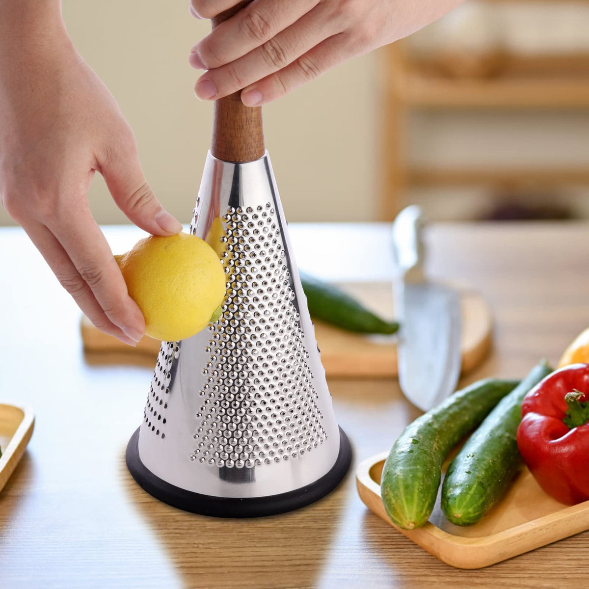ROQILA grater on a counter with non-slip bottom keeping it steady