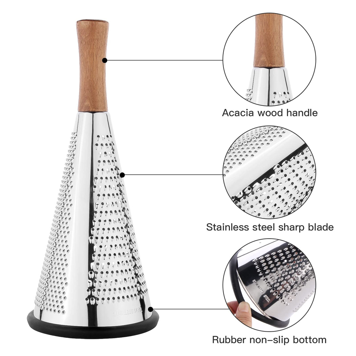 Close-up of ROQILA grater stainless steel blades delivering thin, even shavings