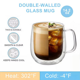 Roran clear glass mug in hand highlights cool exterior and hot drink.
