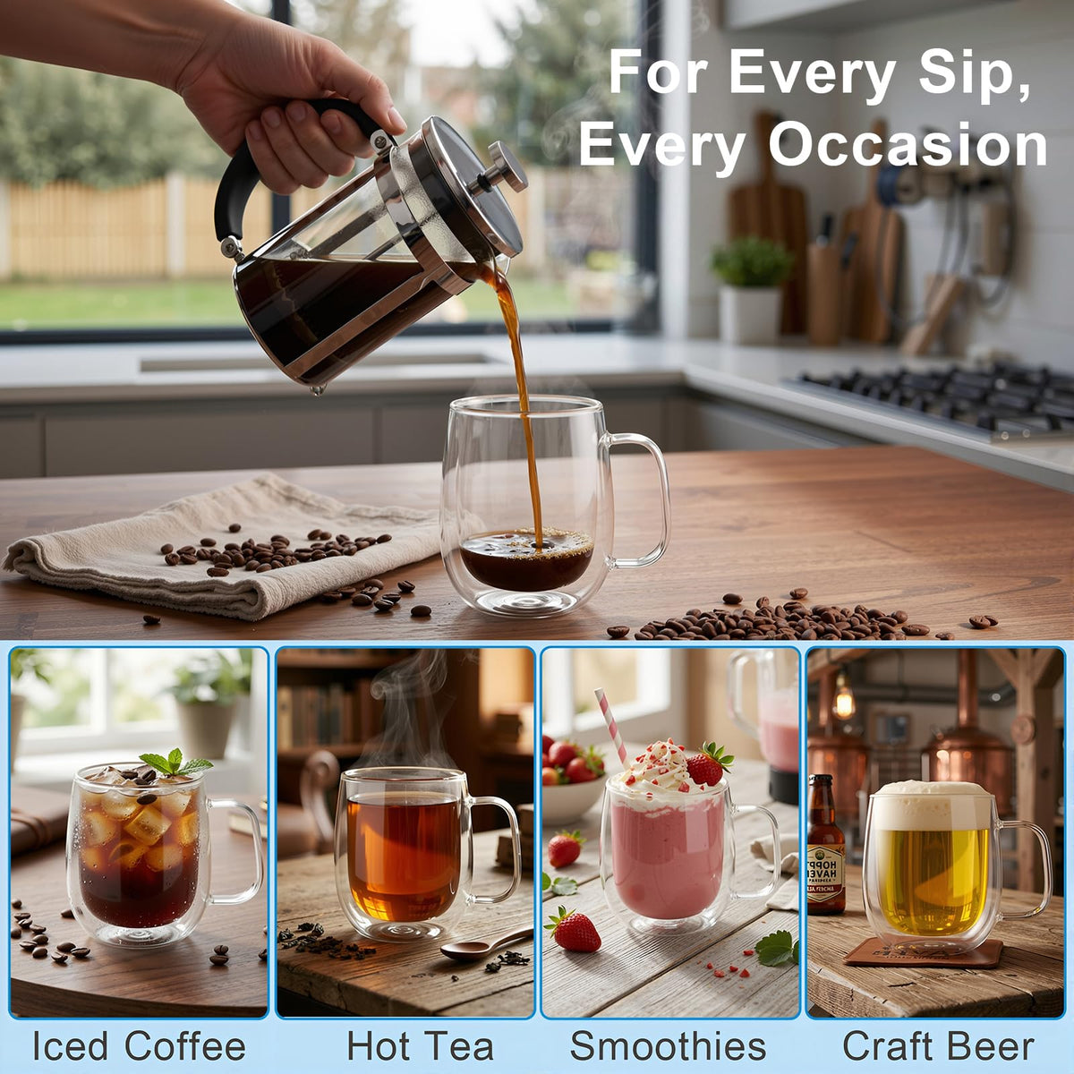 Roran glass mug reveals coffee art and layered drinks beautifully.