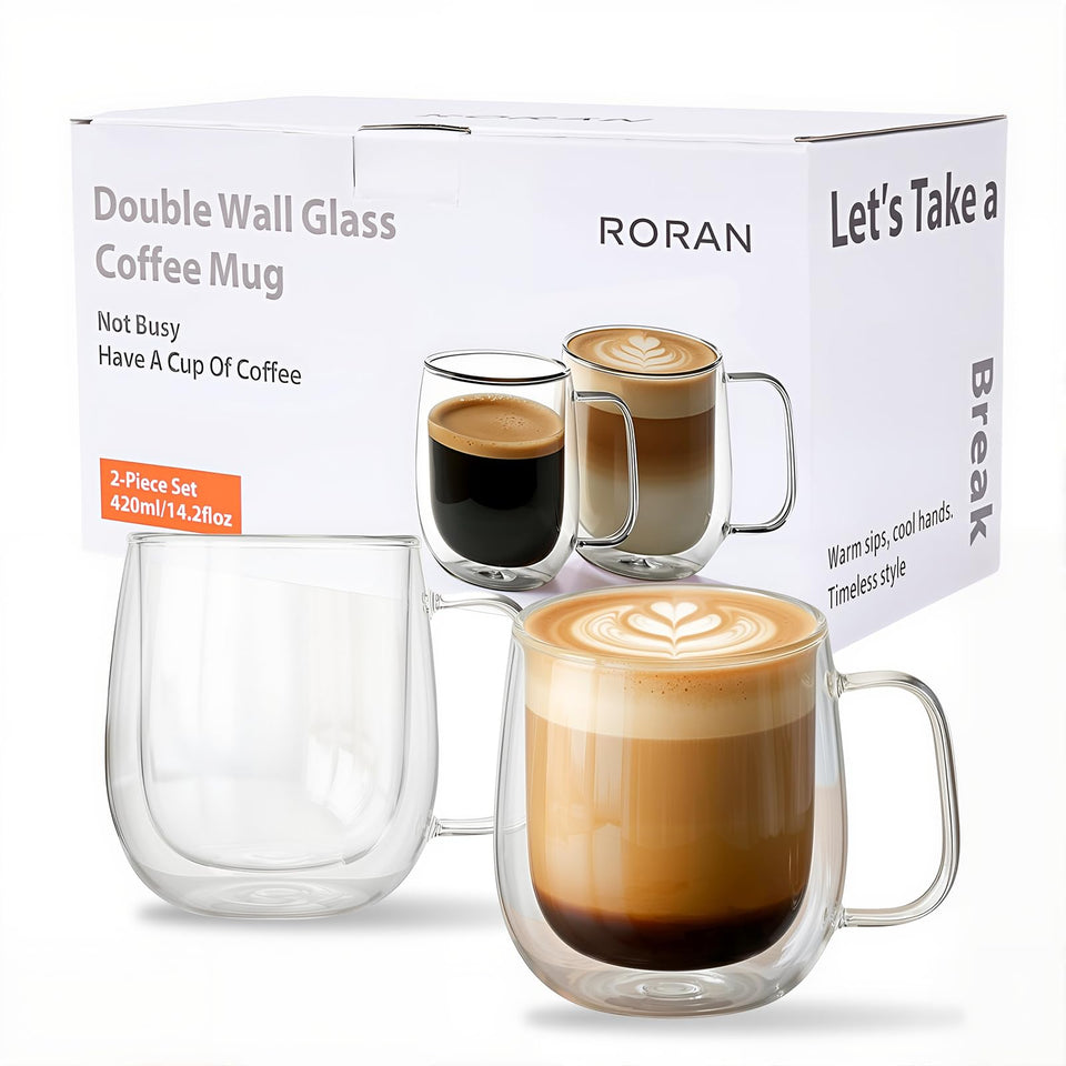 Roran double-wall glass mug shows a clean pour with heat insulation benefits.