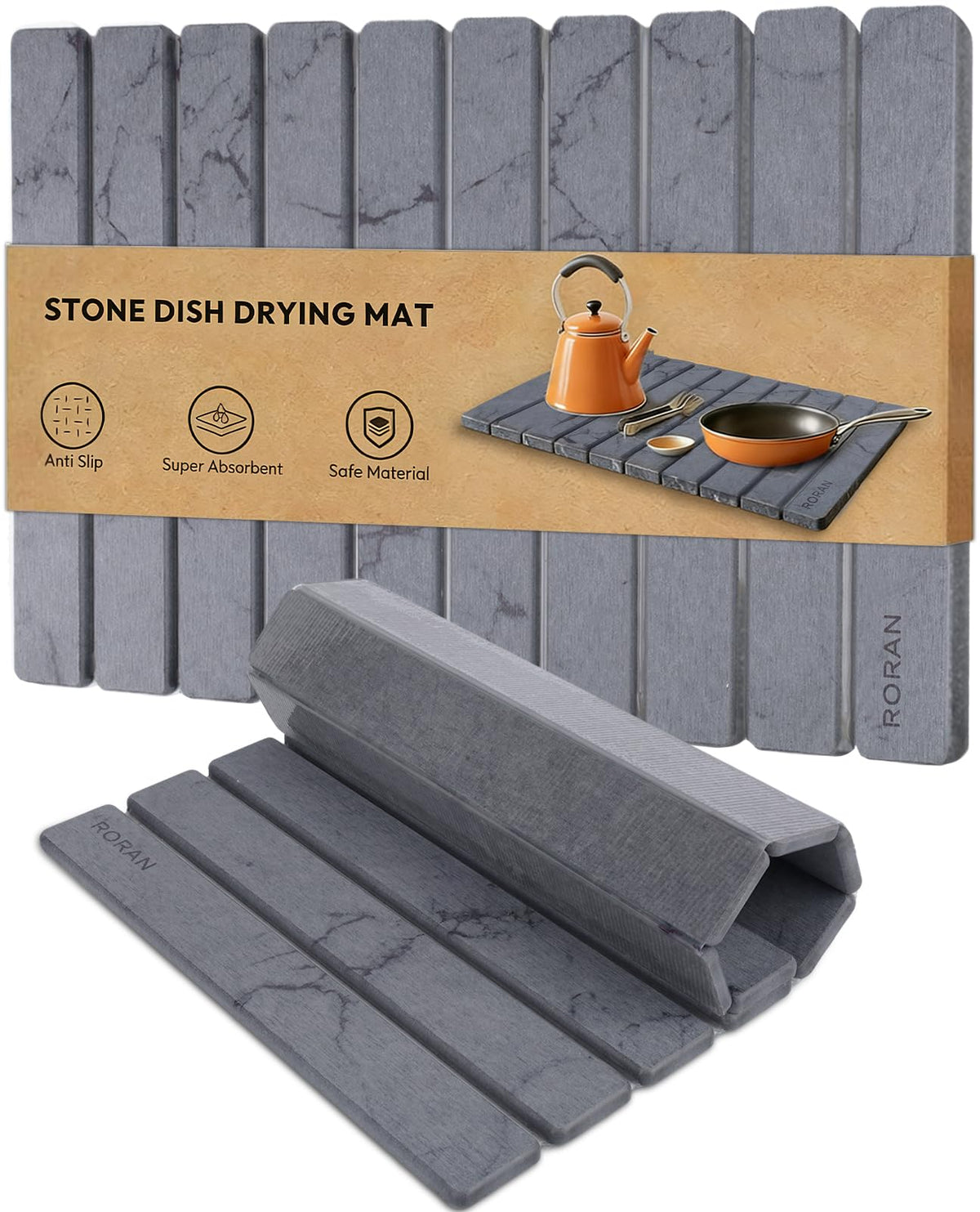 Roran Stone Drying Mat on counter dries dishes quickly and protects surfaces.