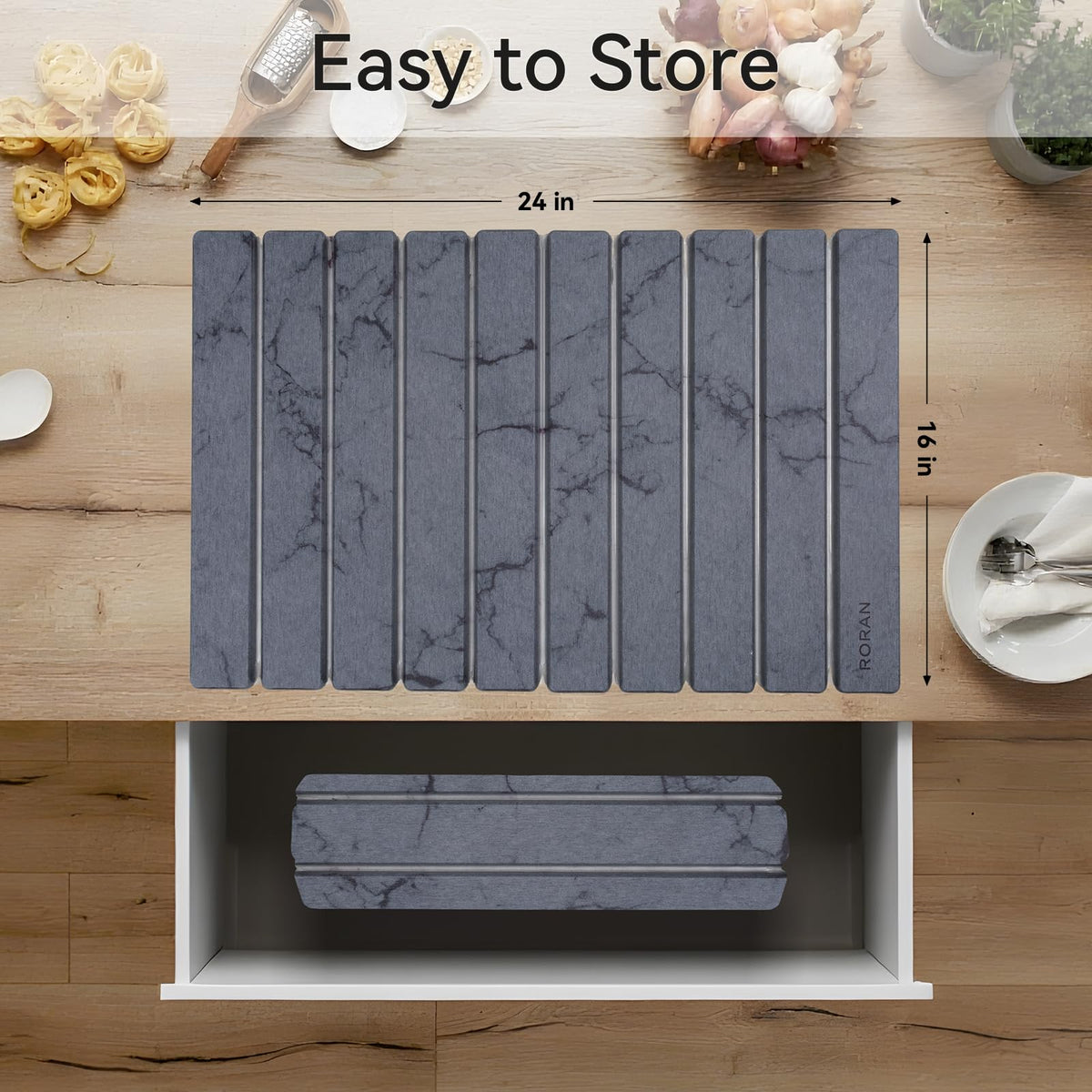 Roran Stone Drying Mat with bottles and cups drying efficiently on countertop.
