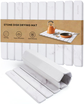 Roran Stone Drying Mat on a kitchen counter for fast dish drying.