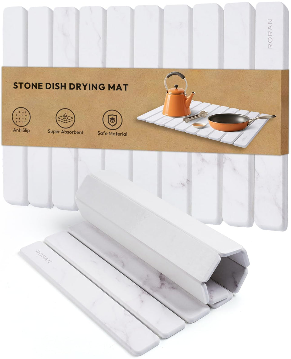 Roran Stone Drying Mat on a kitchen counter for fast dish drying.