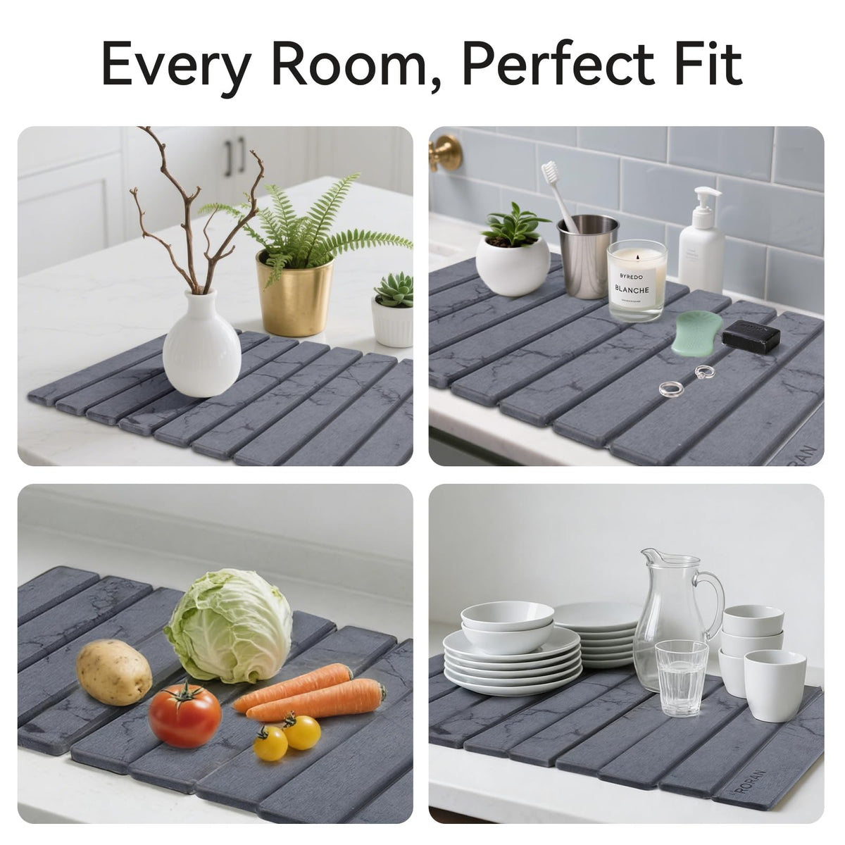 Roran Stone Drying Mat folded for compact storage in small kitchens.