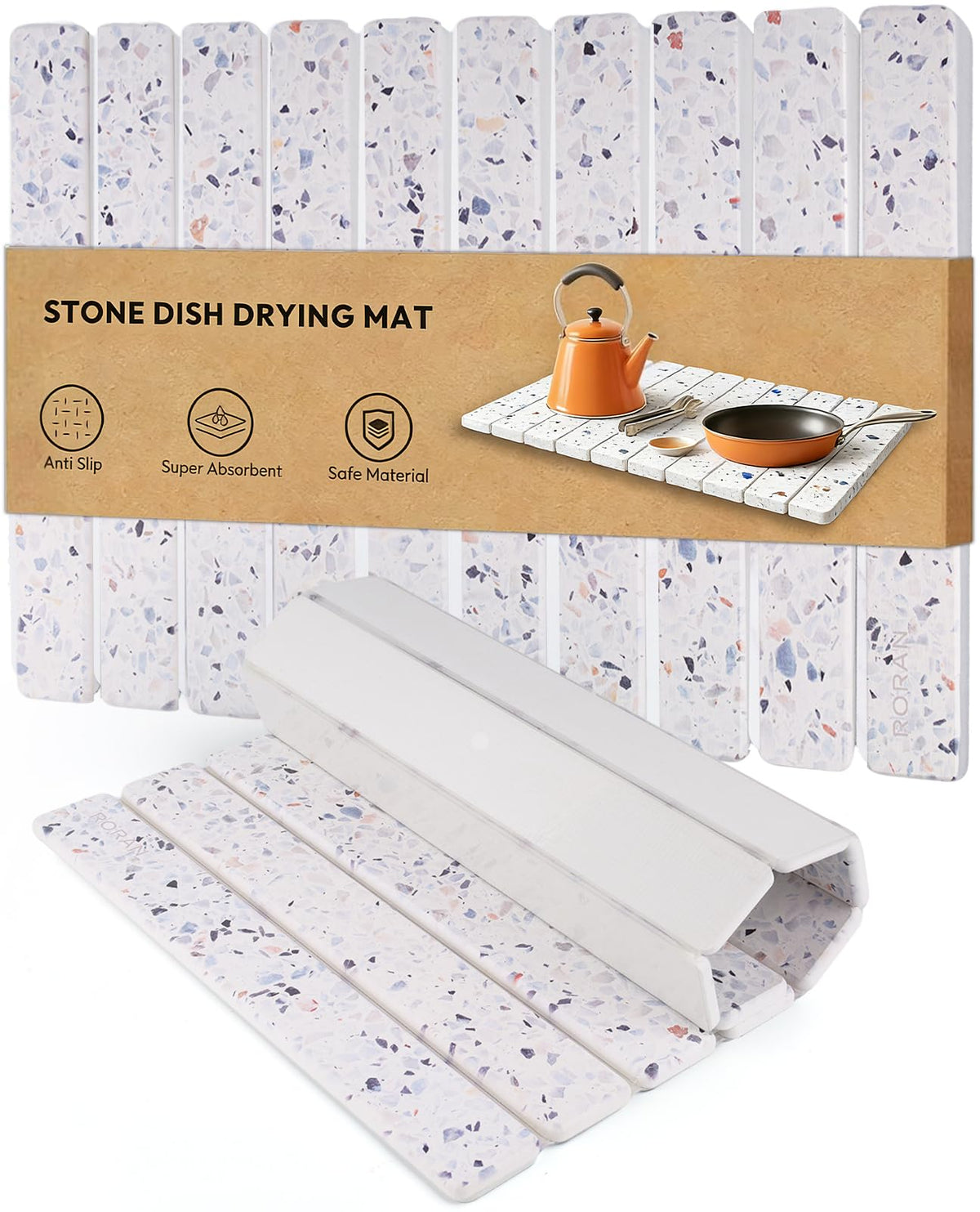 Roran stone drying mat terrazzo on counter for fast air drying of dishes