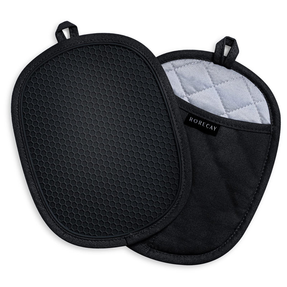 Rorecay 2-pack silicone pot holders withstand heat up to 500°F for safe handling.