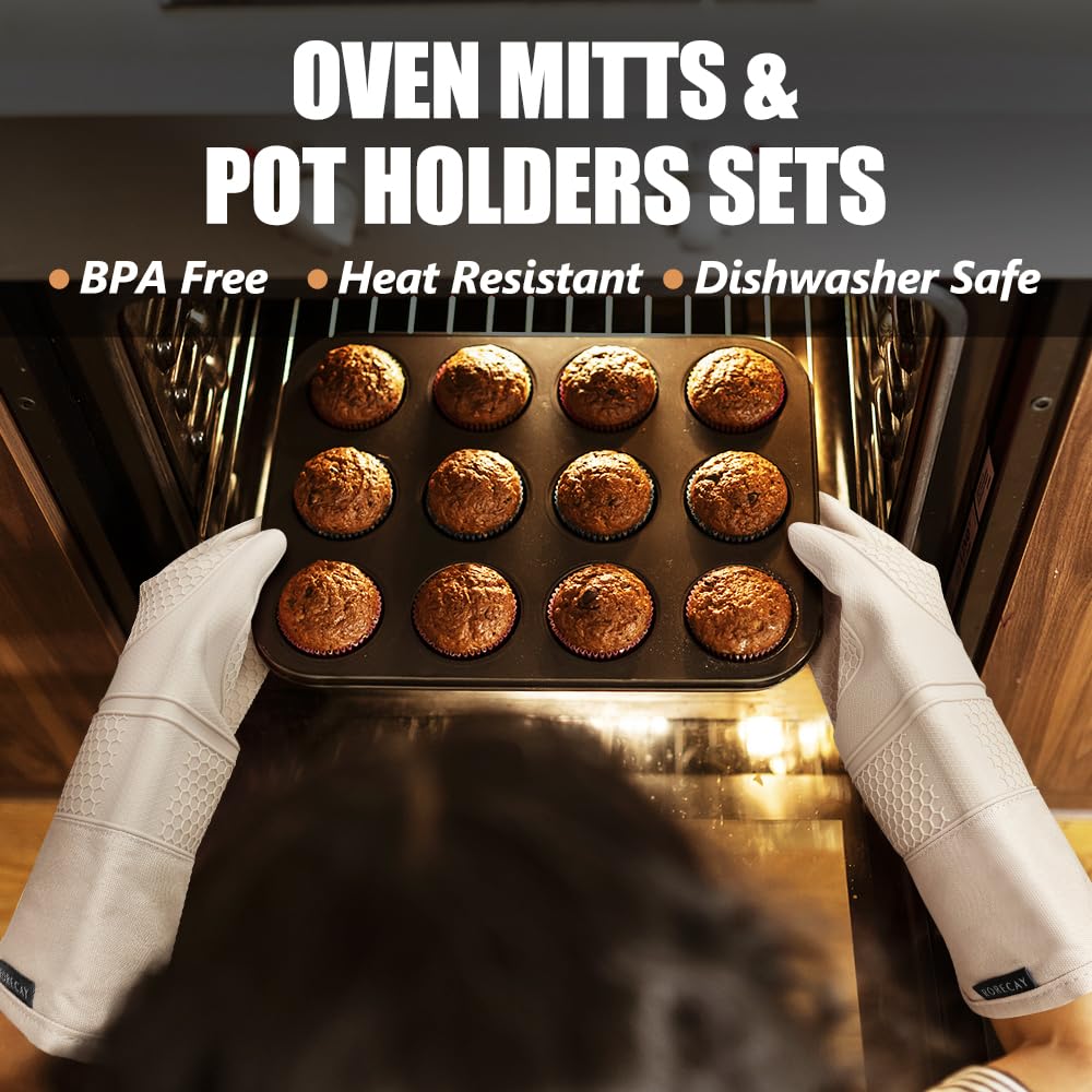 Rorecay extra-long oven mitts 15in shield hands and forearms from heat.