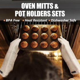 Rorecay extra-long oven mitts 15in shield hands and forearms from heat.