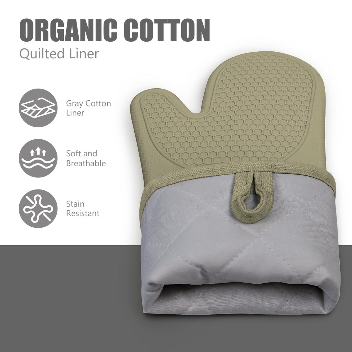 Rorecay oven mitts with loop for easy hanging.