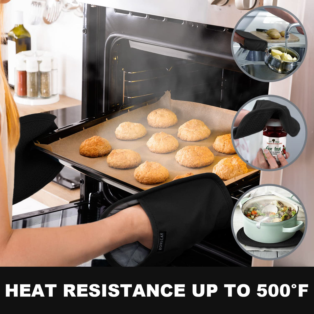 Rorecay silicone potholders feature non-slip honeycomb texture for secure grip.