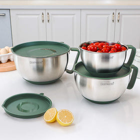 Rorence green mixing bowls with measurement marks aid quick prep.