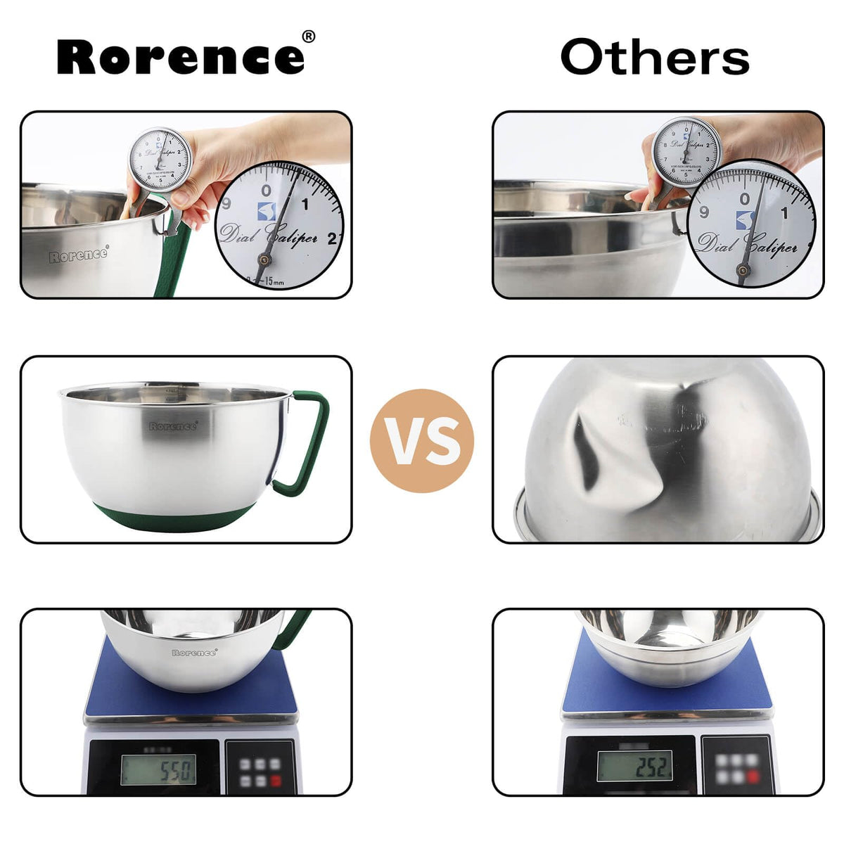 Rorence bowls with non-slip bottoms stay steady during mixing on the counter.