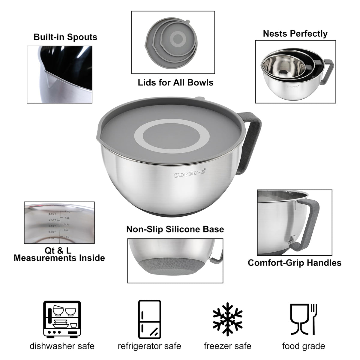 Rorence bowls with fitted lids keep ingredients fresh.
