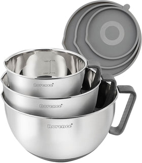 Rorence mixing bowls with pour spout pour precisely for dressings and batters.