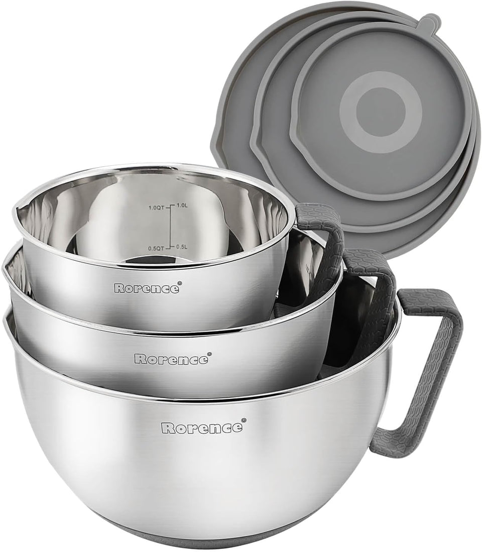 Rorence mixing bowls with pour spout pour precisely for dressings and batters.