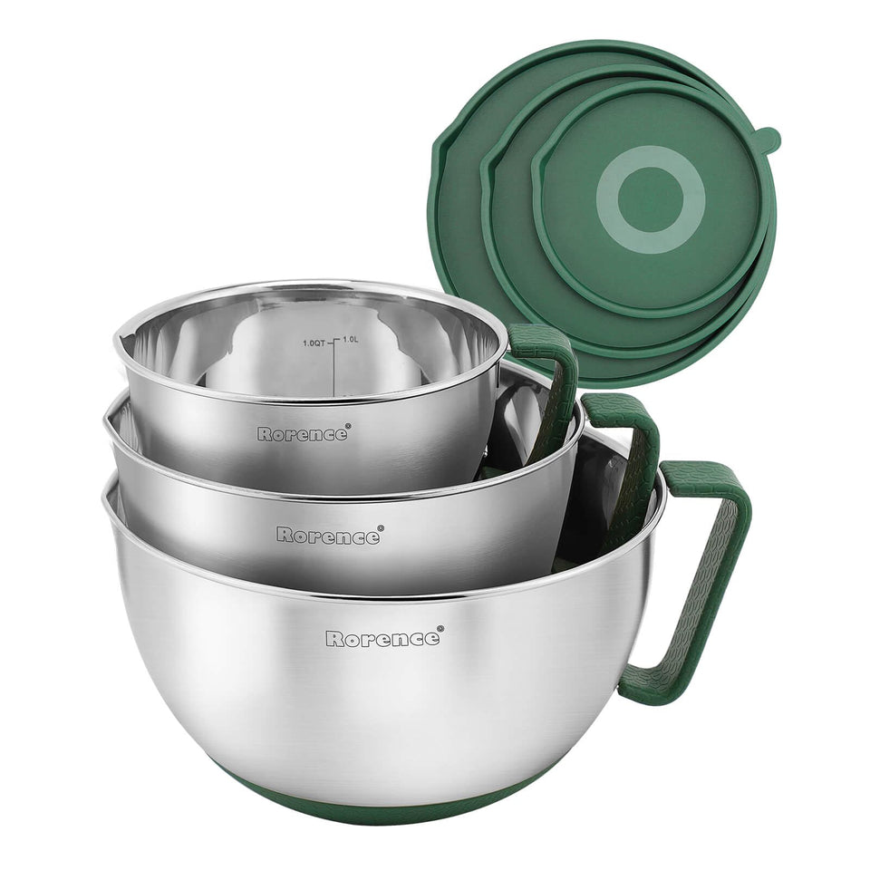 Rorence mixing bowls with pour spout for mess-free pouring and precise transfers.
