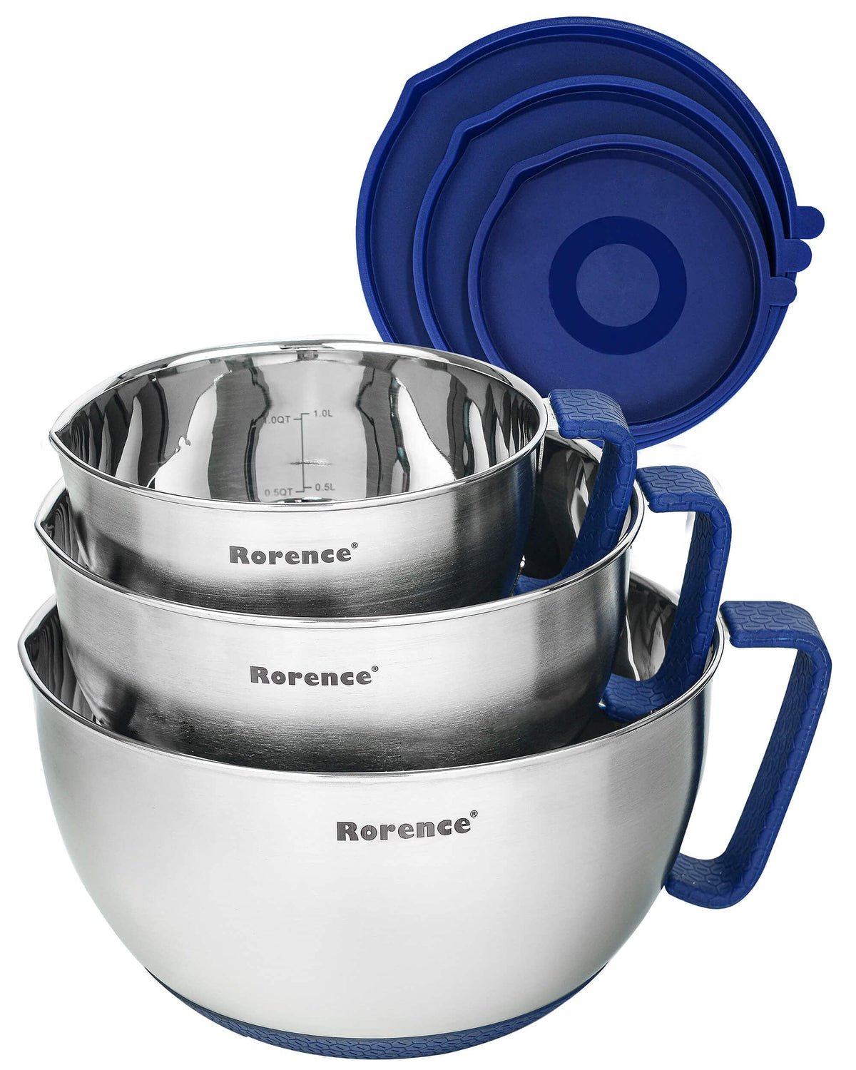 Rorence mixing bowls set with stainless steel, non-slip base and pour spout in blue.