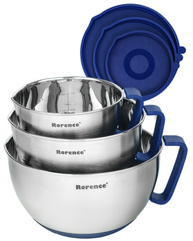 Rorence mixing bowls set with stainless steel, non-slip base and pour spout in blue.