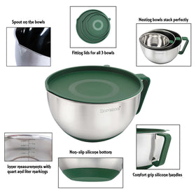 Rorence green bowls with lids help keep ingredients fresh on the counter.