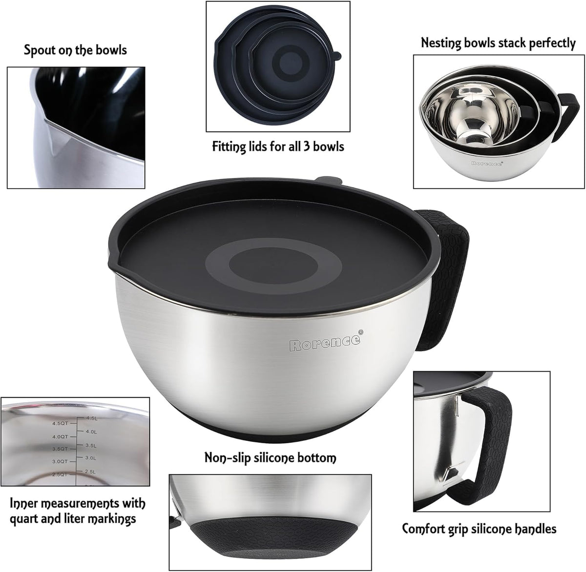Inner measurement markings on Rorence mixing bowls for quick portioning