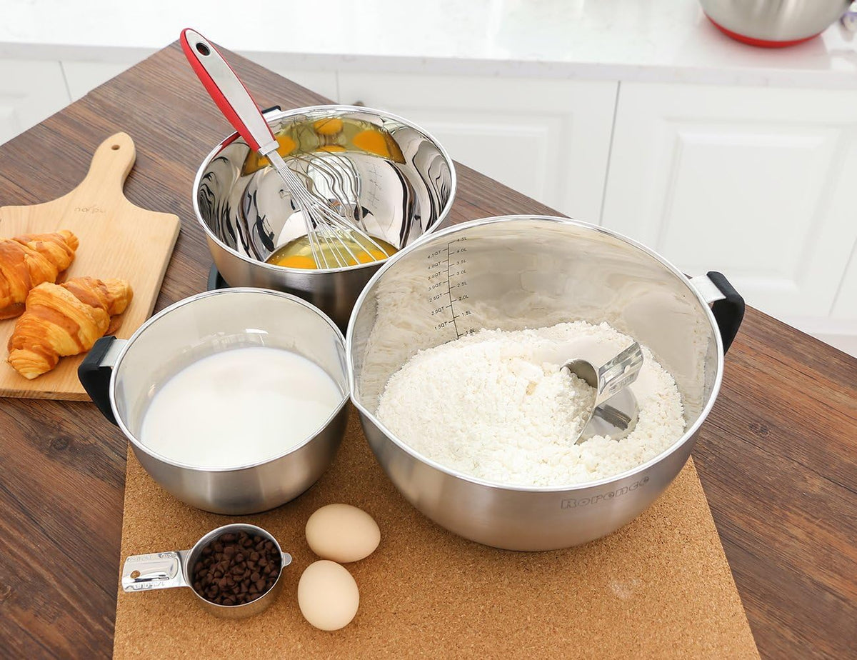 Rorence bowls showing silicone handles for a secure grip during prep