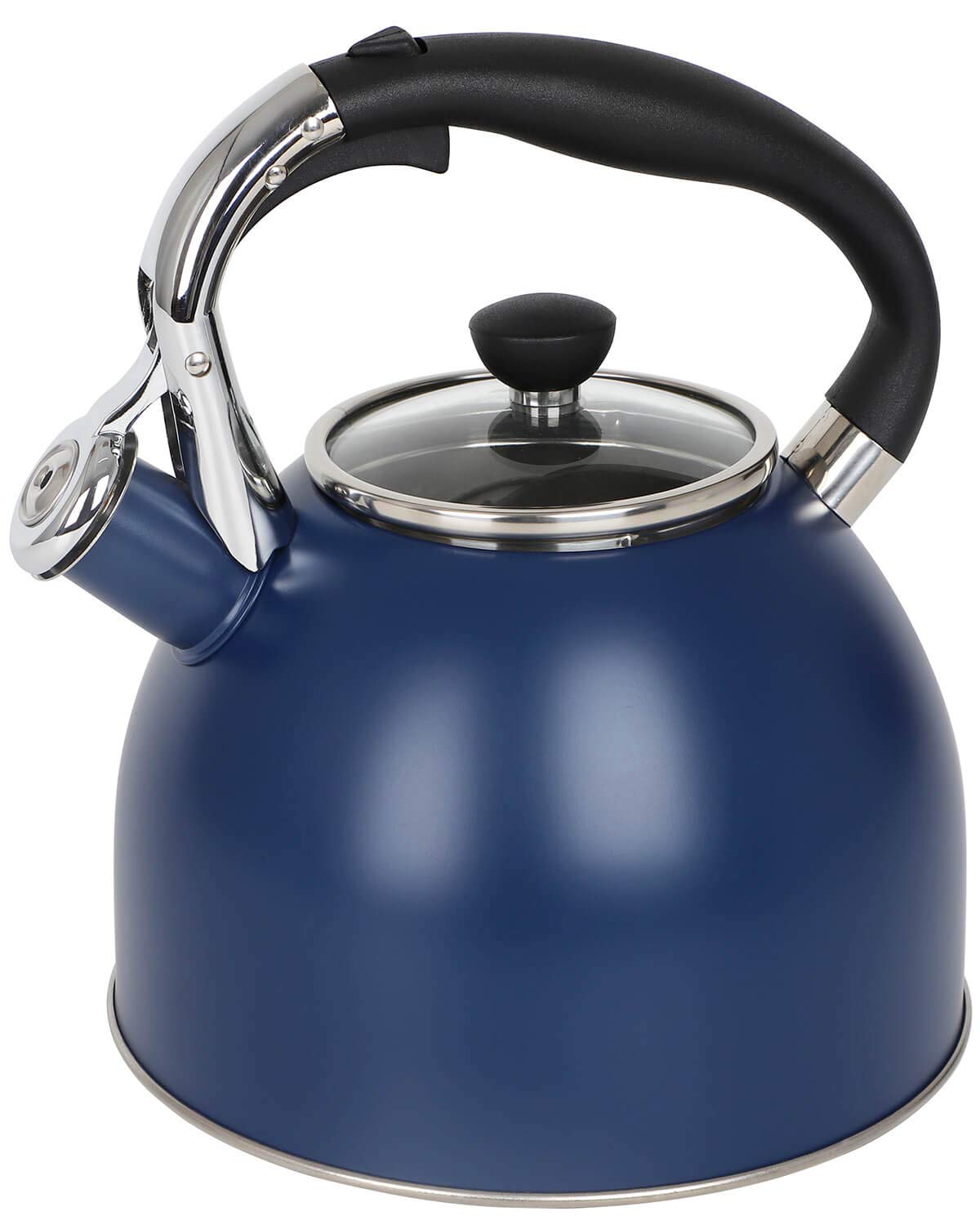 Rorence tea kettle navy blue full view shows durable stainless steel for daily use.