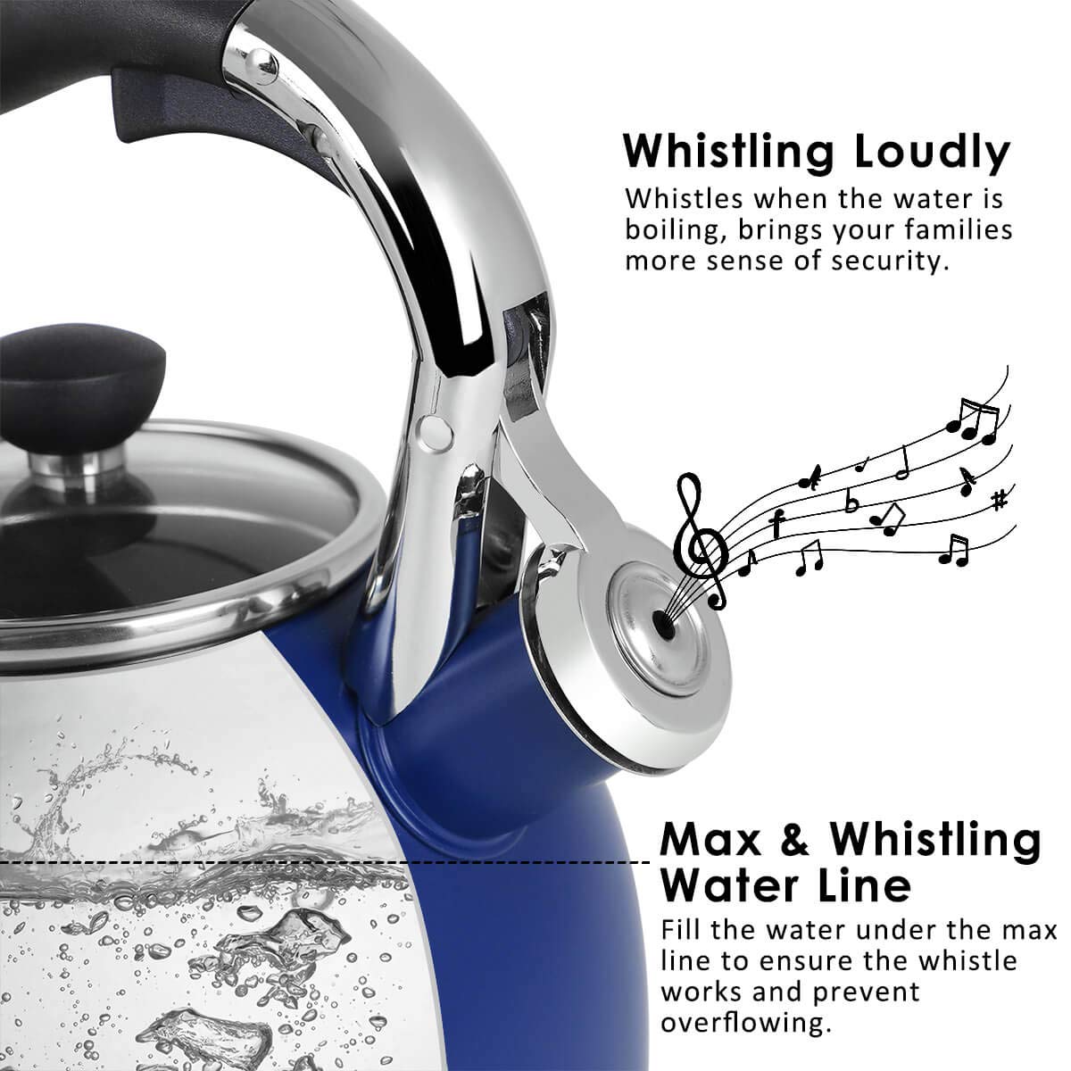 Rorence navy blue lid highlights heat-resistant glass lid with clear viewing of boiling progress.