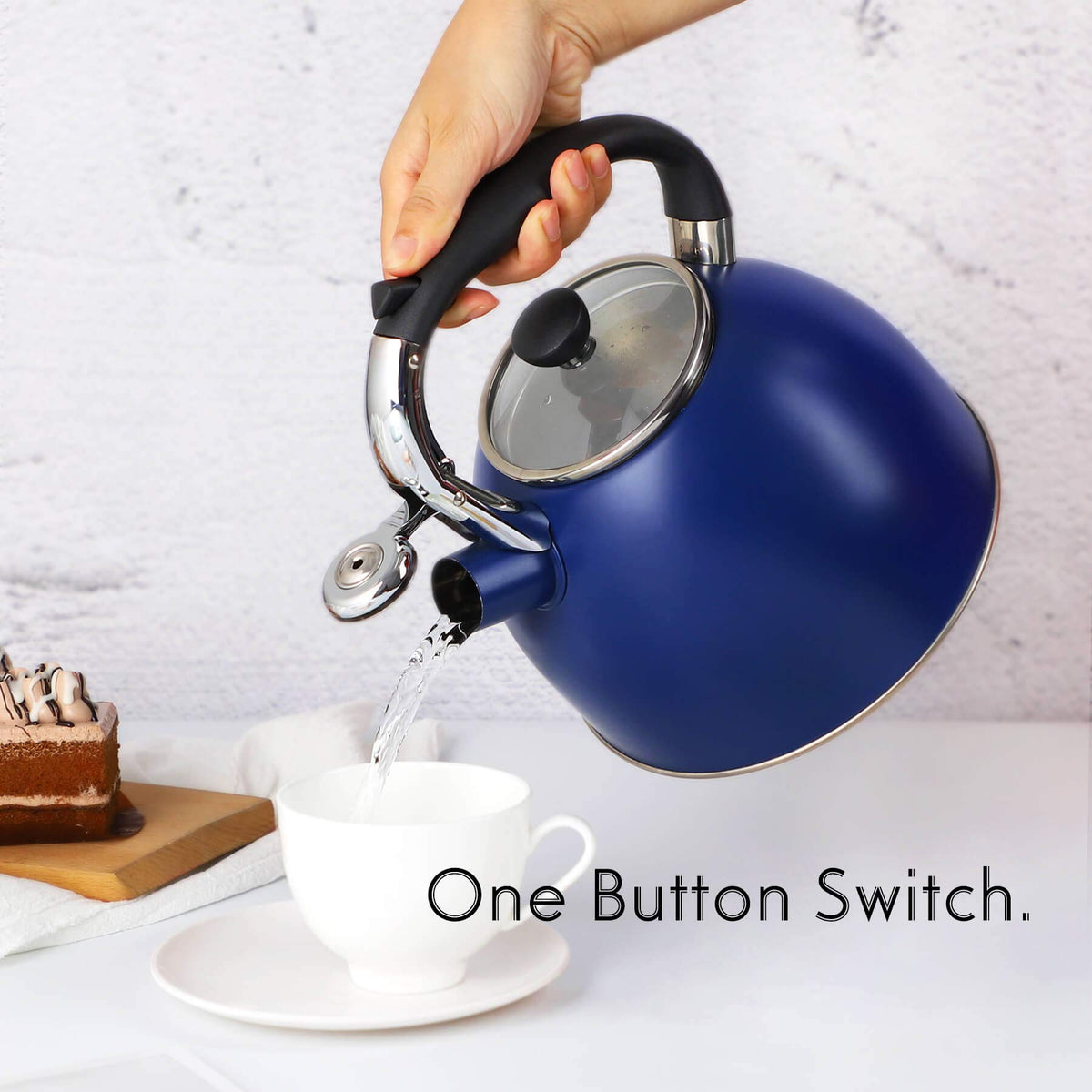 Rorence kettle on stove top demonstrates compatibility with gas, electric, ceramic, and induction.