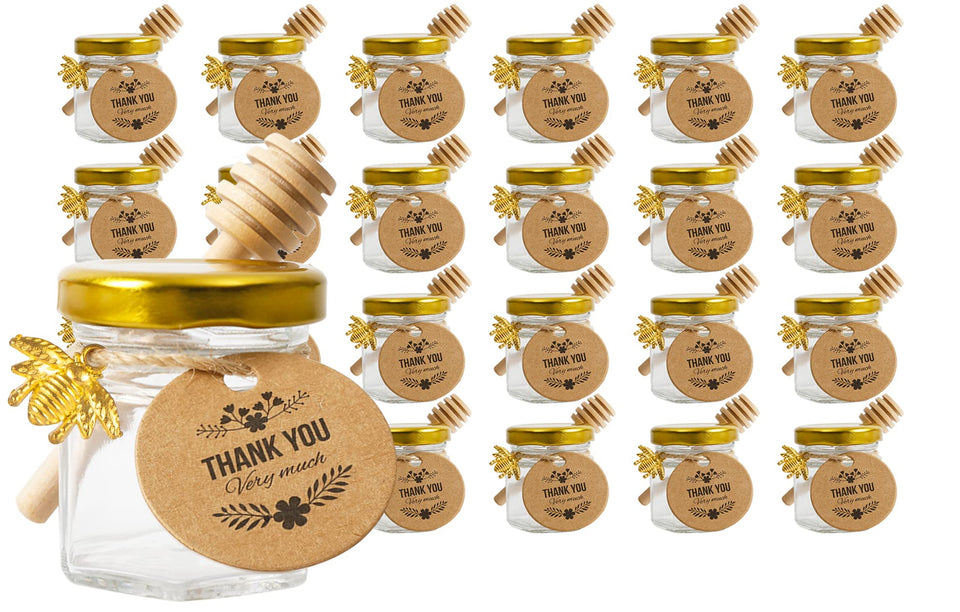 Rormket hexagon honey jars with gold lids, ideal for elegant wedding favors