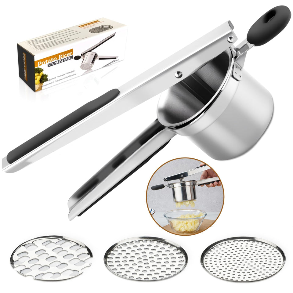 Roryimke potato ricer in heavy-duty stainless steel for long-lasting performance.
