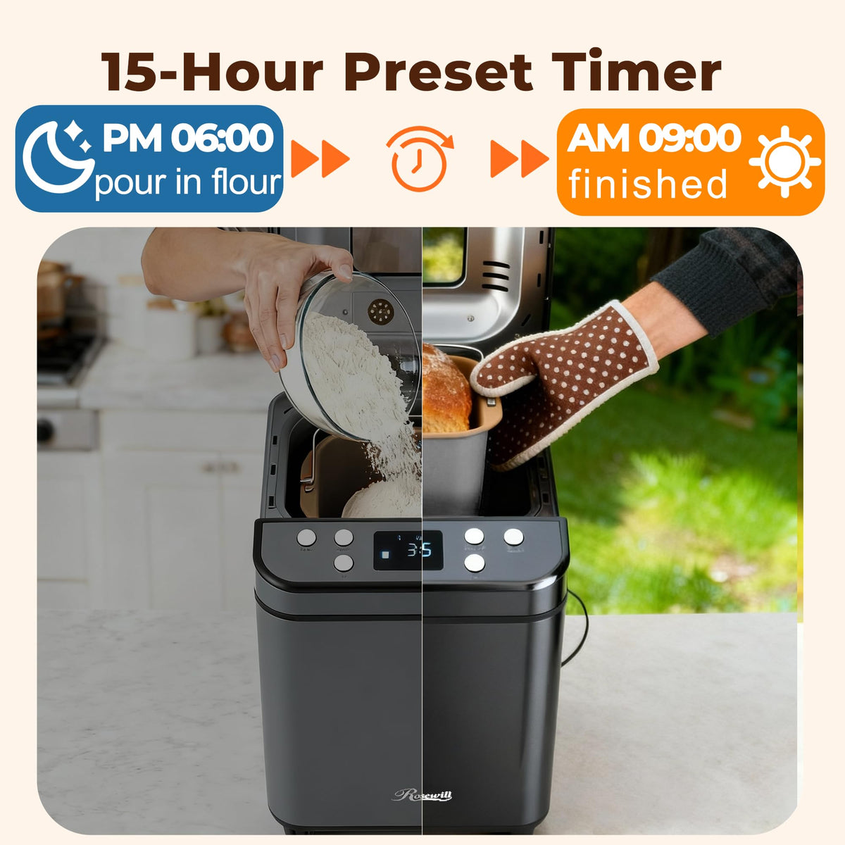 Rosewill bread maker oven door highlights sturdy design and smooth operation.