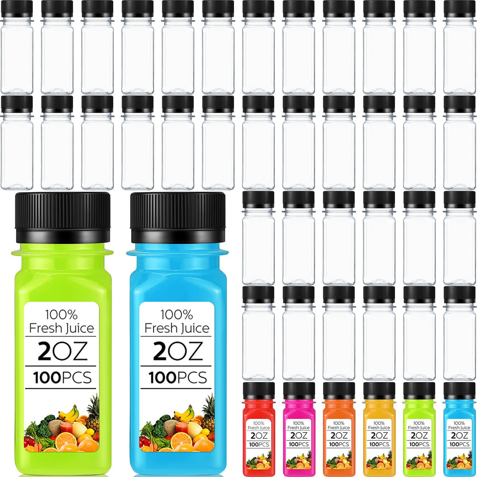Roshtia 2oz clear bottle with black cap pour, ideal for on-the-go beverages