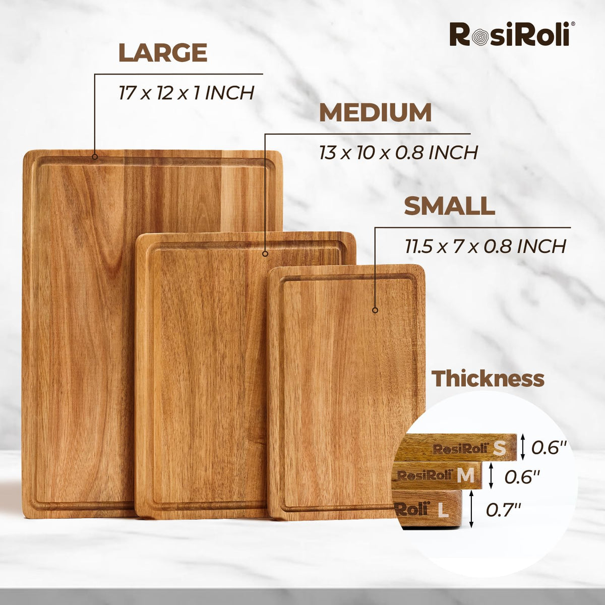 RosiRoli acacia cutting board set of 3 with handles for easy transport