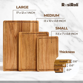 RosiRoli acacia cutting board set of 3 with handles for easy transport