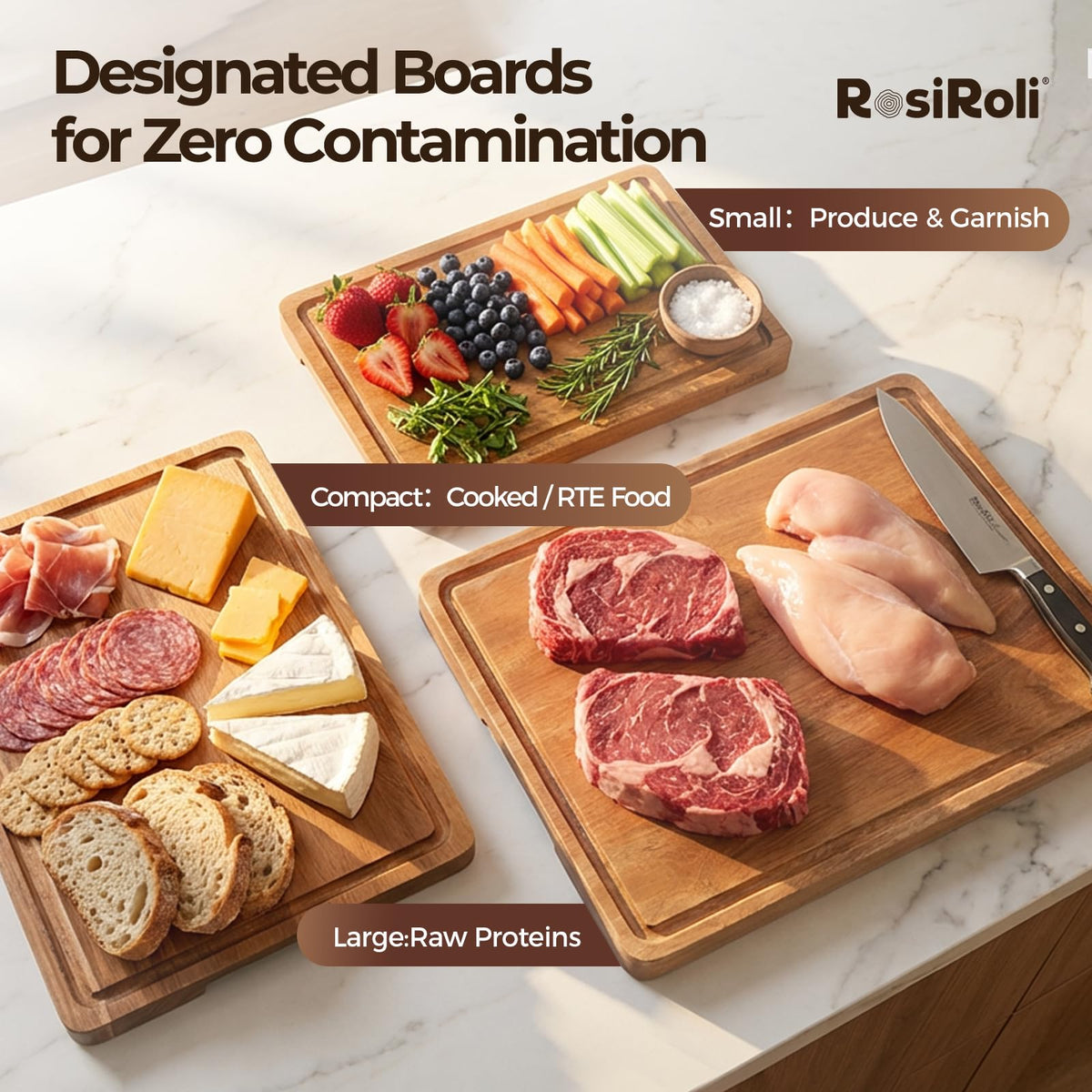 RosiRoli acacia cutting board set of 3 with juice grooves for mess-minimizing prep