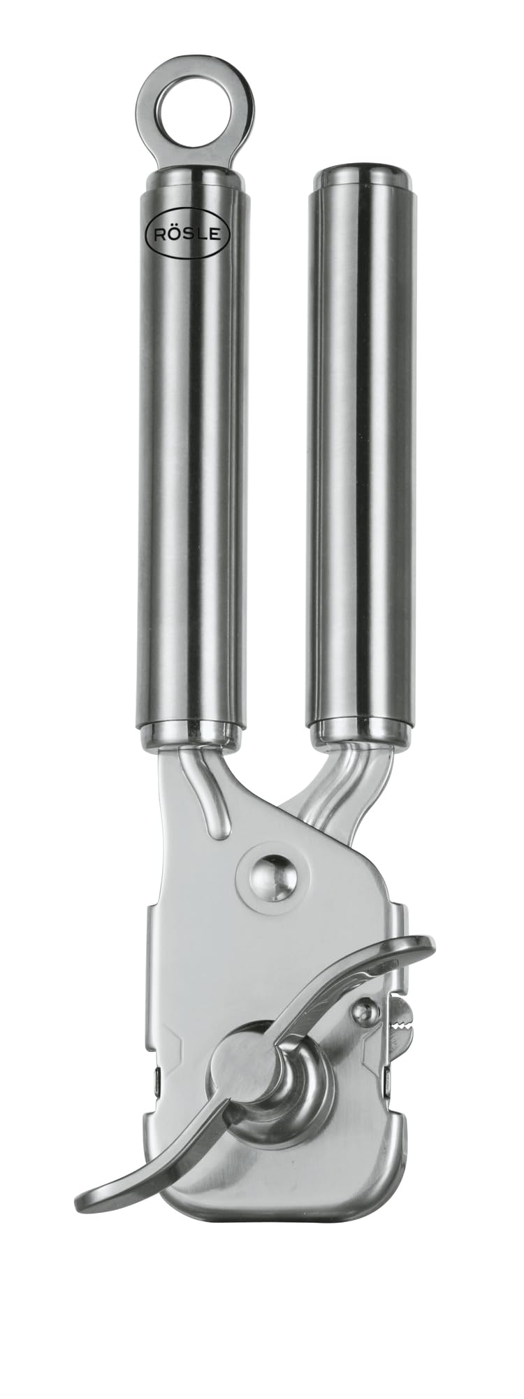 Rösle stainless steel can opener with pliers grip demonstrating easy lid removal.